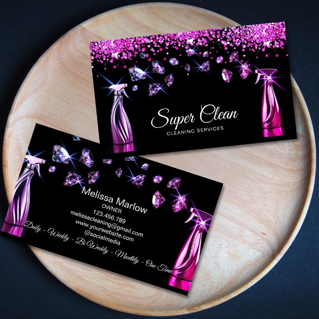 Carte De Visite Nettoyage professionnel de maison Ménage (two rose gold house cleaning spray bottles spraying diamonds, black background, luxury feel)