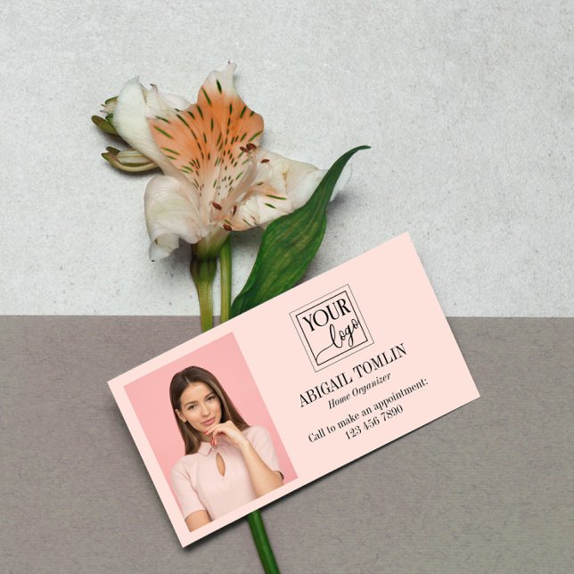 Carte De Visite Nettoyer le logo rose pâle et la photo personnelle (Créateur téléchargé)