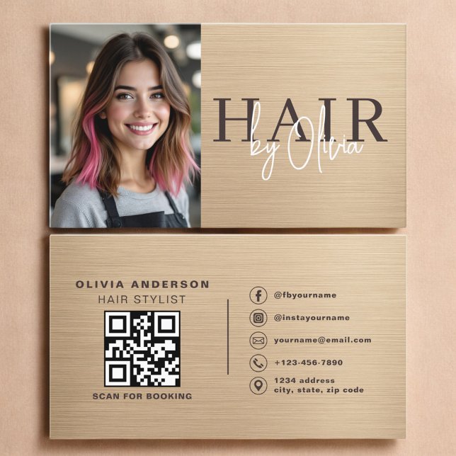 Carte De Visite Neutral Beige Metallic Hair Stylist Photo QR Code  (Créateur téléchargé)