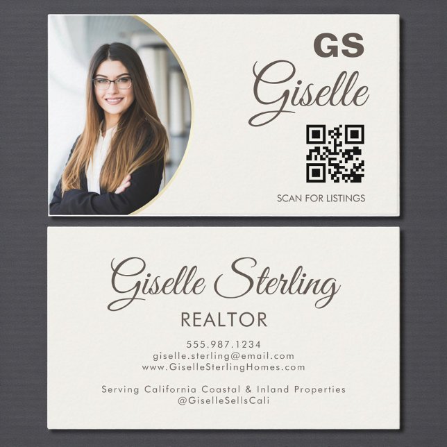 Carte De Visite Neutral Beige Photo Monogram Realtor QR Code  (Créateur téléchargé)