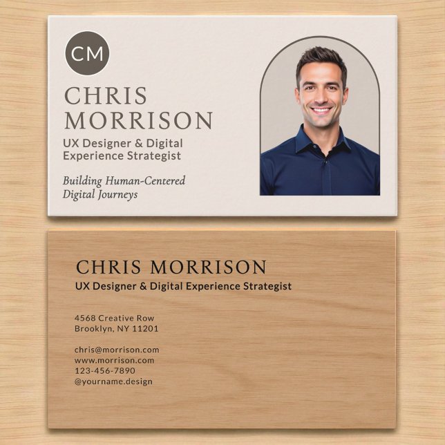 Carte De Visite Neutral Wood Photo Monogram Professional  (Créateur téléchargé)