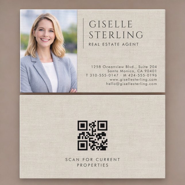 Carte de visite neutre en lin avec QR code photo p (Créateur téléchargé)