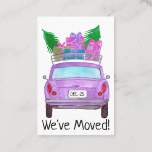 Carte De Visite New Address purple car with Christmas gifts