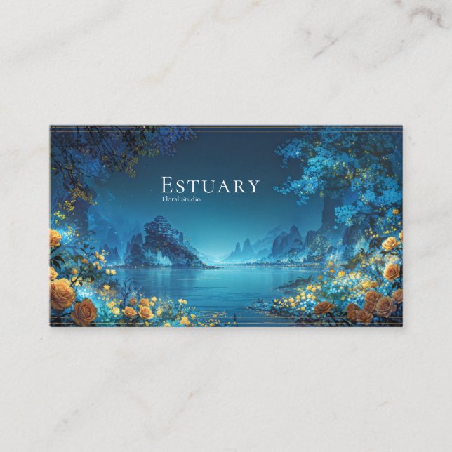 Carte De Visite Night Landscape Gold Floral Turquoise Lake (Devant)