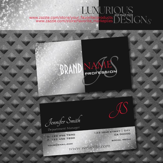 Carte De Visite Noble Black Red Silver Glittery Étoiles et initial (Créateur téléchargé)