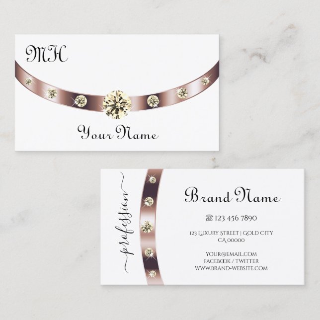 Carte De Visite Noble Blanc et or Rose avec Monogramme Luxueux (Devant / Derrière)