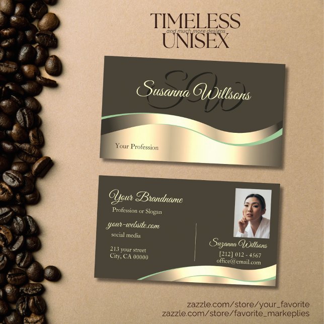 Carte De Visite Noble foncé Brown Wavy Gold Décor Initiales Photo (Créateur téléchargé)