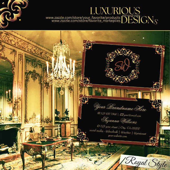 Carte De Visite Noble Noir Brown Or avec Monogramme Impressionnant (Créateur téléchargé)