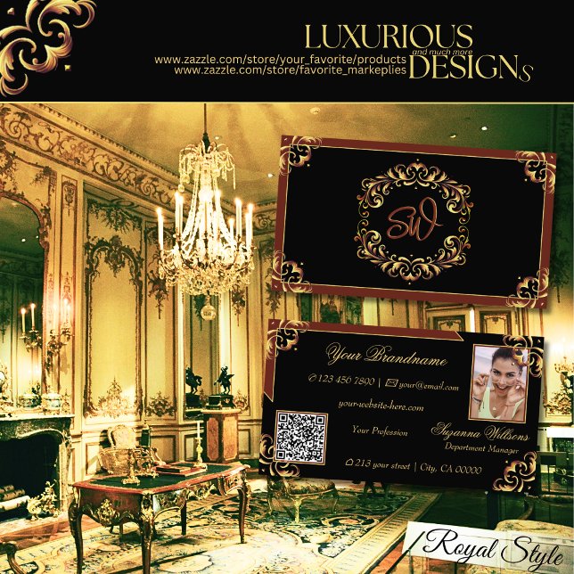 Carte De Visite Noble Noir Brown Or Monogramme Photo QR Code (Créateur téléchargé)