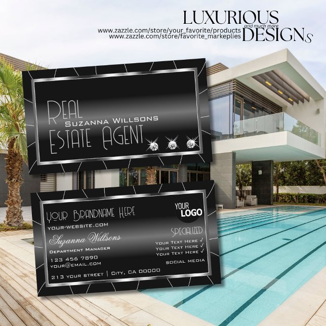 Carte De Visite Noble noir et blanc avec diamants et logo élégant (Créateur téléchargé)