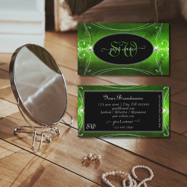 Carte De Visite Noble noir vert orné Diamants étincelants Monogram (Créateur téléchargé)