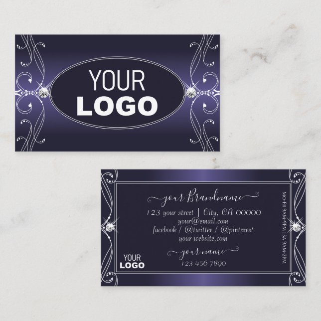 Carte De Visite Noble Ombre Bleu Ornate Sparkle Diamonds avec logo (Devant / Derrière)