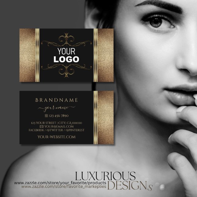 Carte De Visite Noble Parties scintillant d'or noir logo ornementa (Créateur téléchargé)