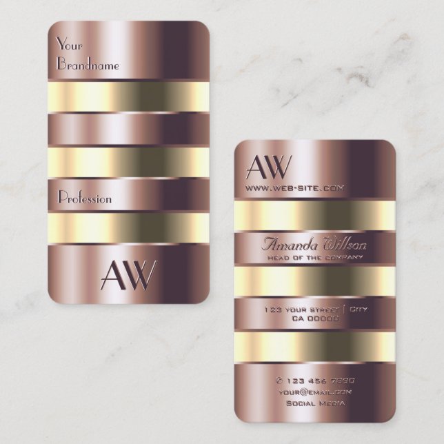 Carte De Visite Noble Rose or et jaune clair avec initiales (Devant / Derrière)