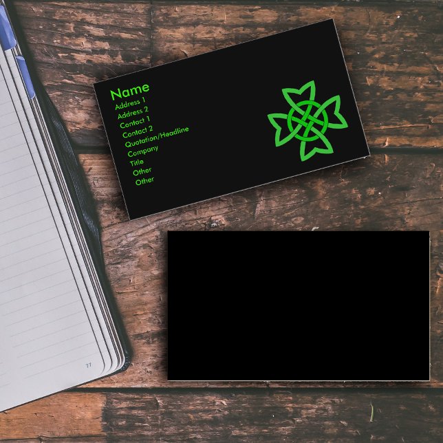Carte De Visite Noeud celtique irlandais vert (Bright green Irish Celtic knot on black on business cards.)
