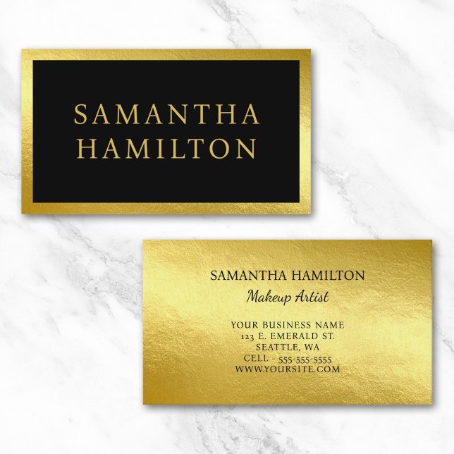 Carte De Visite Noir avec bordure de faux feuille d'or jaune (Black with Yellow Gold Faux Foil Border Business Card)