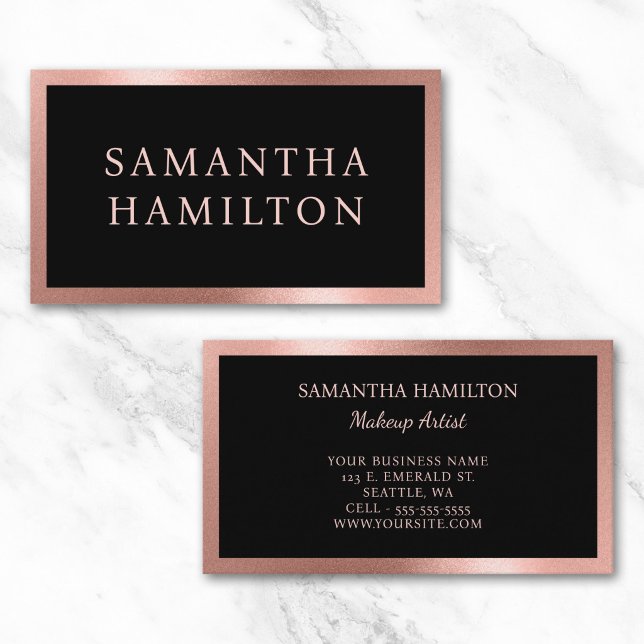 Carte De Visite Noir avec bordure dégradé granuleuse or rose (Black with Rose Gold Grainy Gradient Border Business Card)
