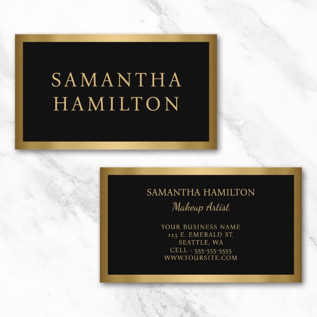 Carte De Visite Noir avec bordure en faux feuille d'or (Black with Gold Faux Foil Border Business Card)
