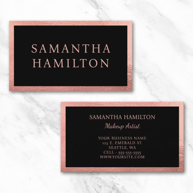 Carte De Visite Noir avec bordure en or rose pastel (Black with Pink Rose Gold Border Business Card)