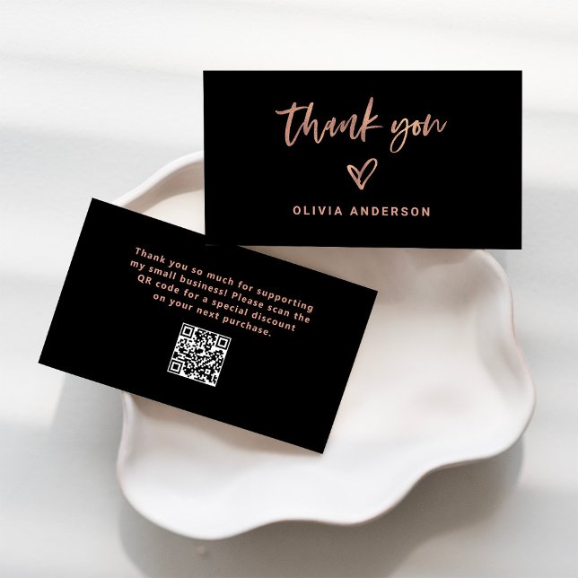 Carte De Visite Noir avec Rose Gold Script et Coeur | Merci (Créateur téléchargé)