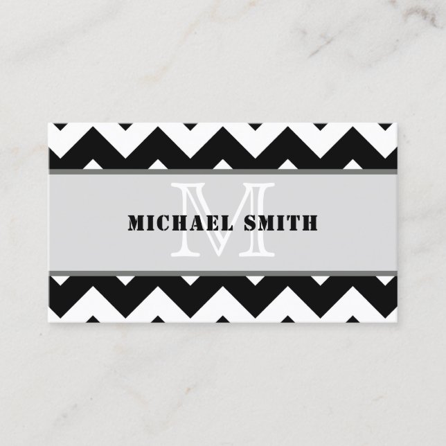 Carte De Visite Noir Blanc Chevron Zigzag Monogramme #2 (Devant)