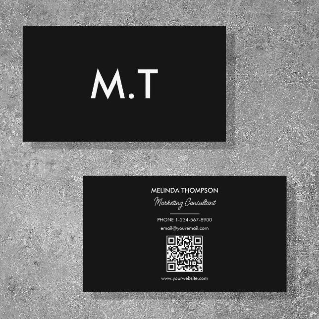 Carte De Visite Noir Blanc Initiales Logo Code QR professionnel (Créateur téléchargé)