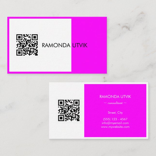 Carte De Visite Noir Blanc Magenta Élégant Moderne avec code QR (Devant / Derrière)