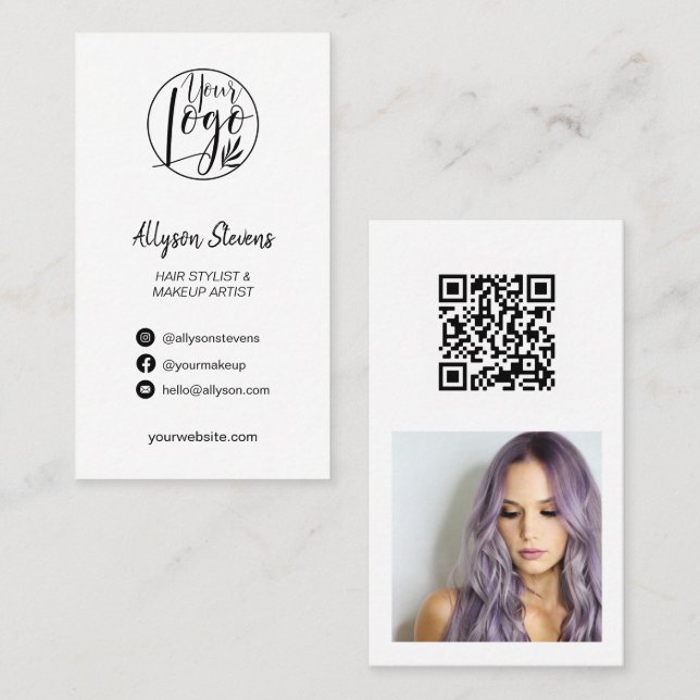 Carte De Visite noir blanc maquillage photo logo simple code qr (Devant / Derrière)