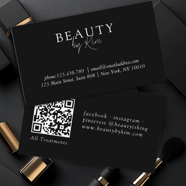 Carte De Visite Noir & Blanc Minimal Élégant, Salon QR Code (Black & White Minimal Elegant, Salon QR Code Business Card)