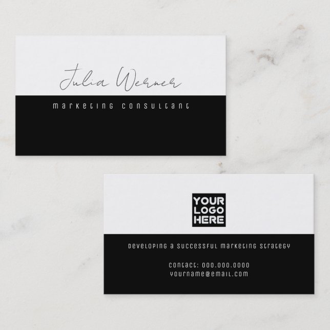 Carte De Visite Noir Blanc Moderne Pro Marketing Consultant (Devant / Derrière)