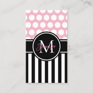 Carte De Visite Noir Blanc Stripe Polka Dot Pale Rose Monogramme