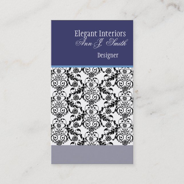 Carte De Visite Noir bleu rétro Premade de damassé florale (Devant)