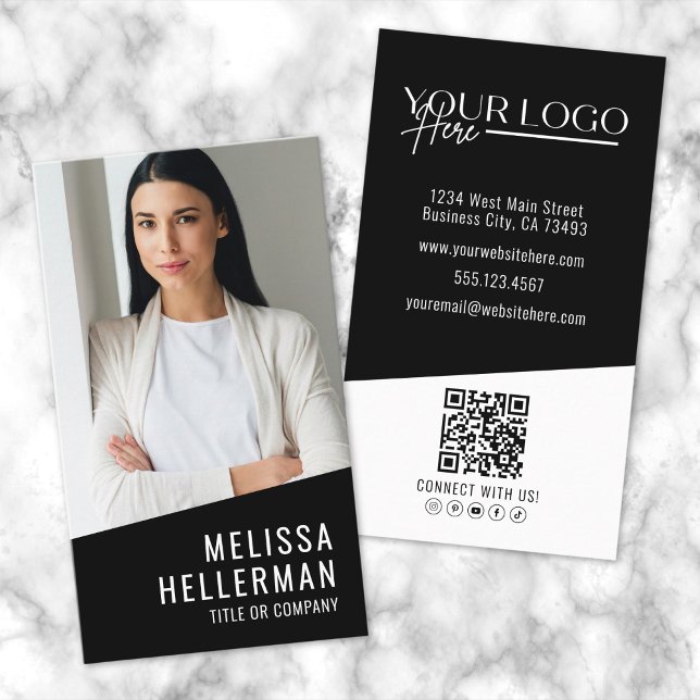 Carte De Visite Noir Contemporain Photo Code QR Logo Vertical (Black Contemporary Photo QR Code Logo Vertical Business Card)