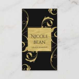 Carte De Visite Noir & Doré Faux Tourbillon Floral Élégant
