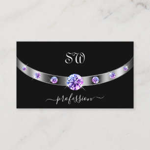 Carte De Visite Noir et argent avec diamants violets Monogramme