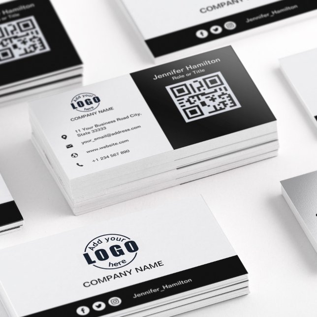 Carte De Visite Noir et blanc ajouter votre code QR standard (Créateur téléchargé)