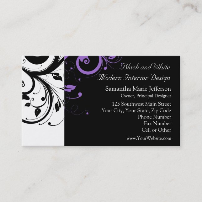 Carte De Visite Noir et Blanc avec Accent de Tourbillon Violet (Devant)