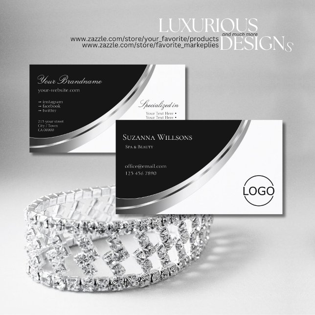 Carte De Visite Noir et blanc avec Décor argenté et Logo Moderne (Créateur téléchargé)