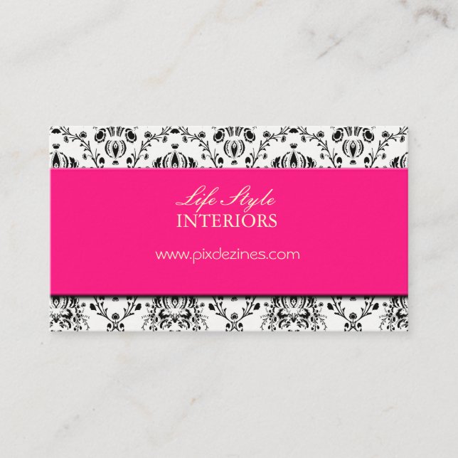 Carte De Visite Noir et blanc Damask/Accent rose vif (Devant)