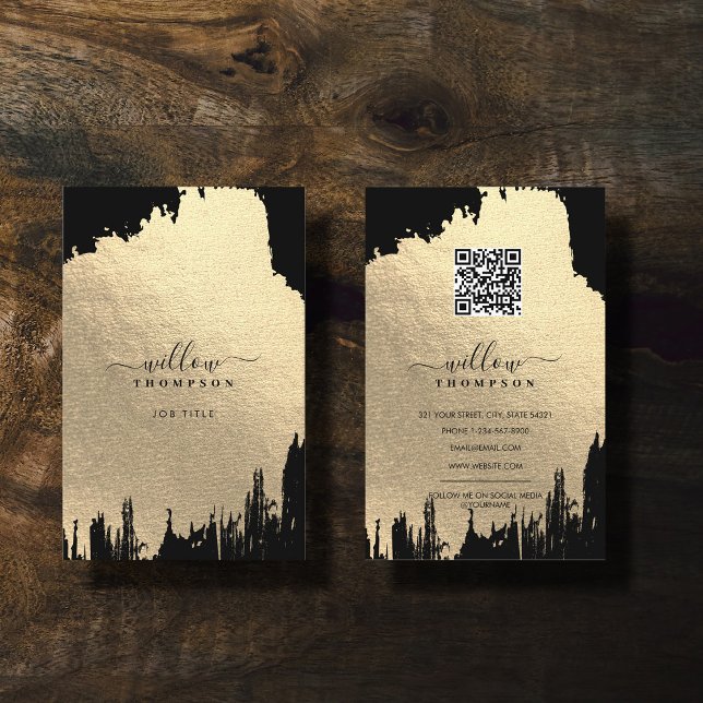 Carte De Visite Noir et Rose Gold Brush Stroke Code QR (Black & Rose Gold Foil Brush Stroke QR Code Business Card)