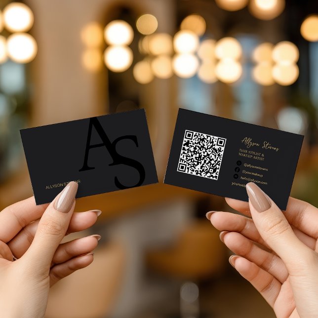 Carte De Visite Noir Gold Initiales Logo Maquillage Artiste Code Q (Black Gold Initials Logo Makeup Artist QR Code Business Card)