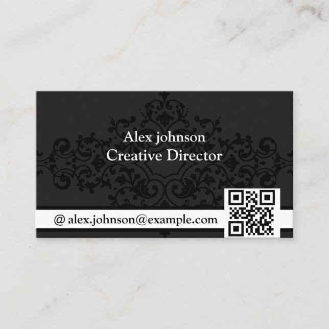 Carte de visite noir gravé classique avec code QR (Devant)