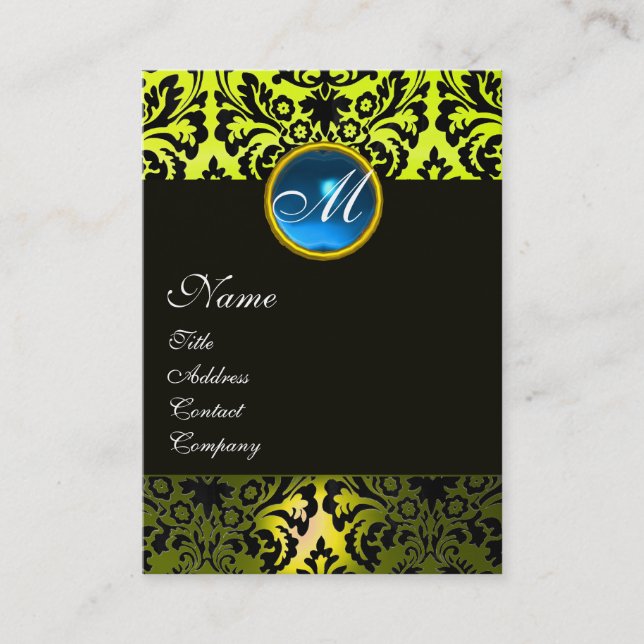 Carte De Visite NOIR JAUNE DAMAS MONOGRAMME ,Saphir Bleu (Devant)