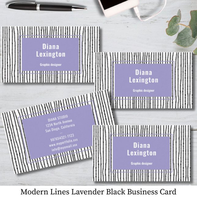 Carte de visite noir Lavender Lignes modernes (Créateur téléchargé)