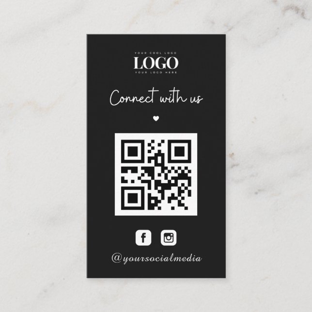 Carte De Visite Noir minimal personnalisé Coeur de logo QR Code In (Devant)