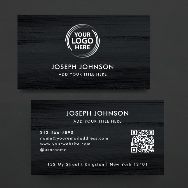 Carte De Visite Noir moderne Brush gris foncé Blanc Logo Code QR (Créateur téléchargé)