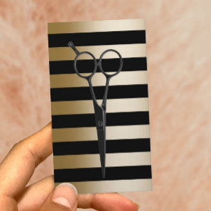 Carte De Visite Noir moderne de coiffeur et rayures d'or élégant