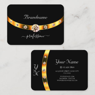 Carte De Visite Noir moderne et or avec les initiales Rhinestones