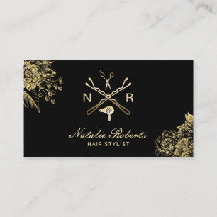 Carte De Visite Noir moderne et or de logo de salon de coiffeur