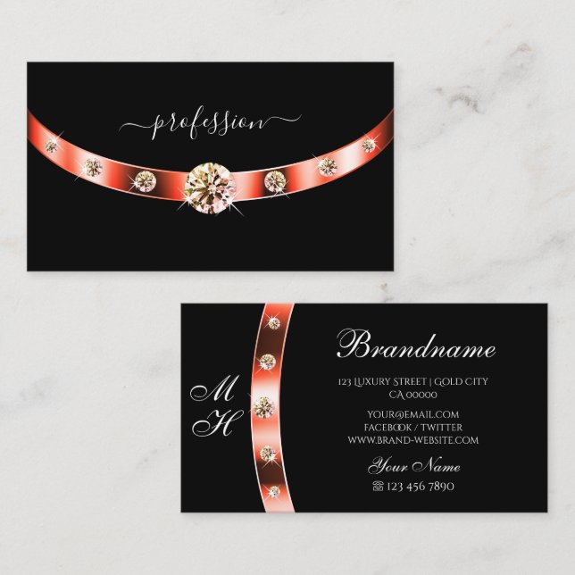 Carte De Visite Noir moderne et or Rose avec diamants Monogrammes (Devant / Derrière)